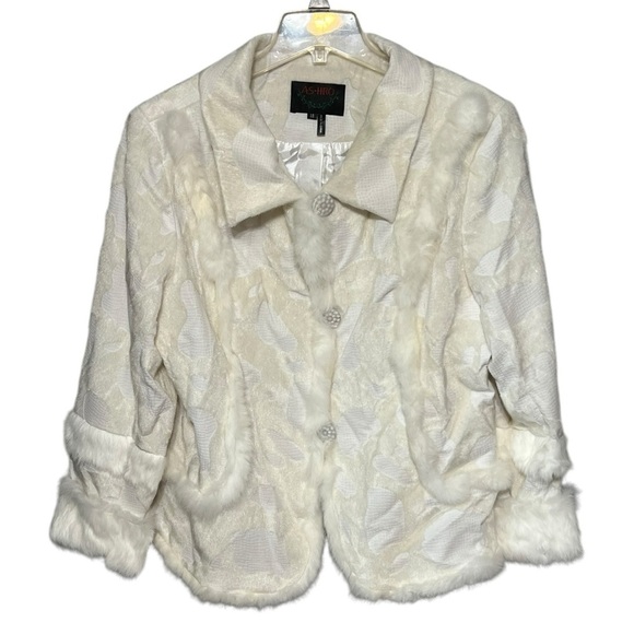 ASHRO White Rabbit Fur Coat w/Rhinestone Button Accents Plus-Size 18 - Picture 2 of 9
